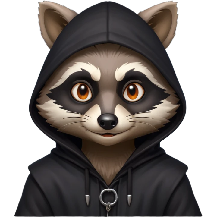 gothic thief raccoon portrait, head and shoulders only, dark hood, glowing eyes, mysterious sneaky grin, 3D cartoon, mobile game icon style, clean background, no text, no watermark
 emoji