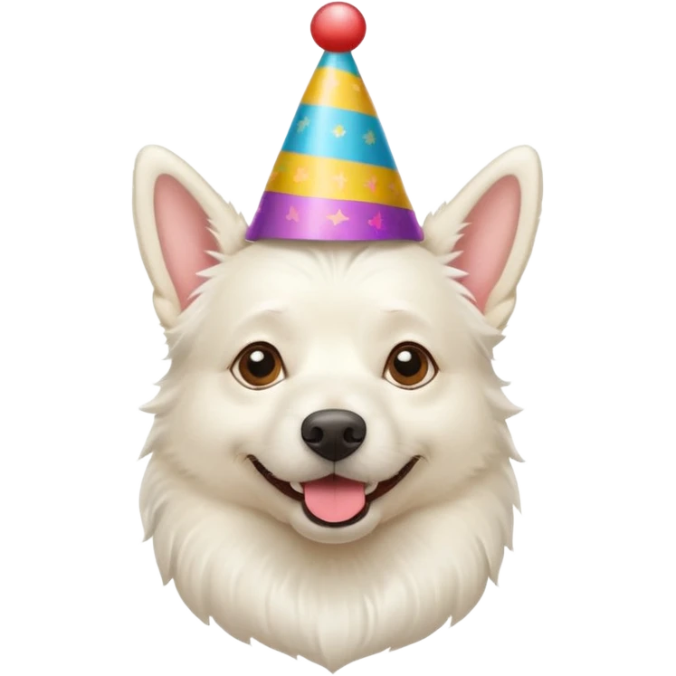 A White belgian dog wearing a party hat.   emoji