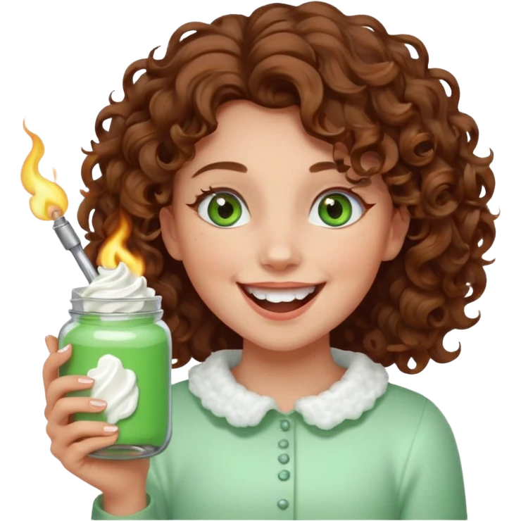 Girl with curly hair and green eyes holding a jar of icing and a lighter and laughing so hard emoji