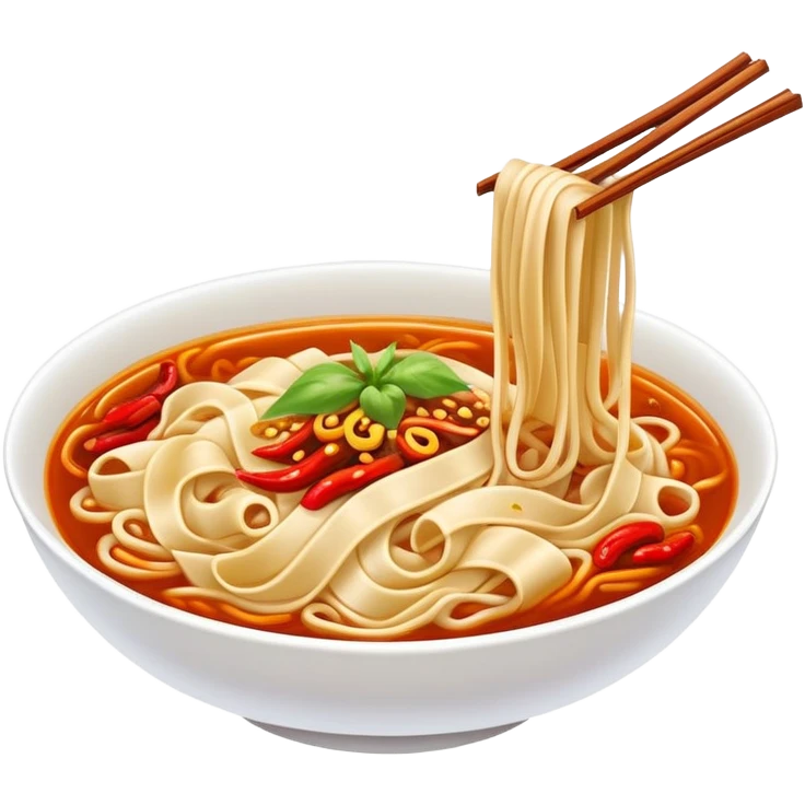 Xi'an Biangbiang noodles with extra wide belt shape and chili oil, simplified emoji style with bold outlines and bright colors, cartoon style Shaanxi specialty emoji