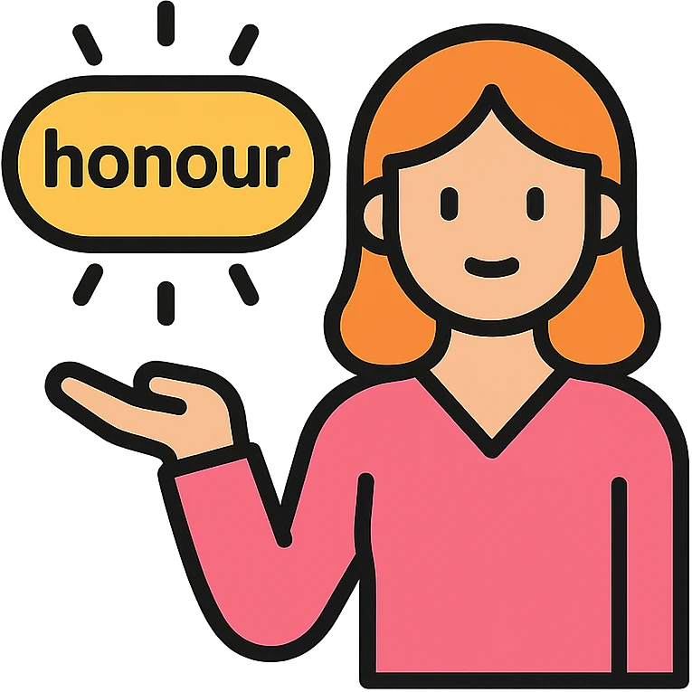 a woman presenting the word 'honour' as a glowing object, clean flat icon style emoji