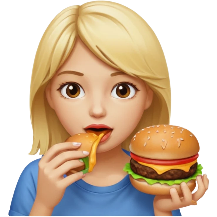 A blonde girl eating a burger emoji