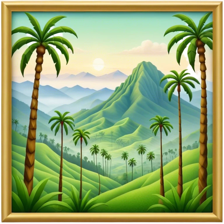 Cinematic Realistic Cocora Valley Landmark Emoji, featuring towering wax palm trees swaying in the misty green valley, with rolling hills and distant mountain peaks bathed in warm morning light. emoji