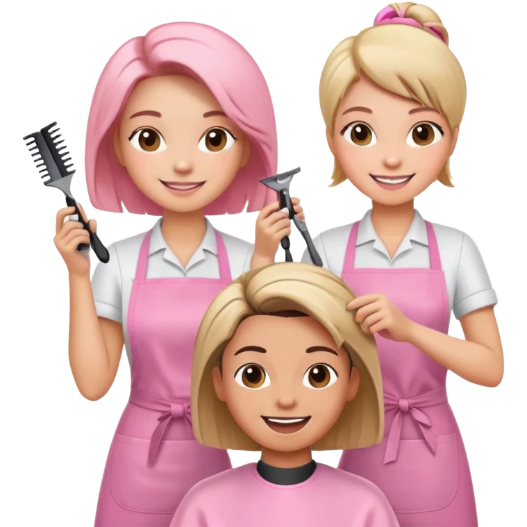 happy woman in pink apron getting a haircut from smiling female hairstylist emoji