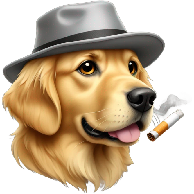 Golden retriever with bucket hat and a chain smoking a cig emoji