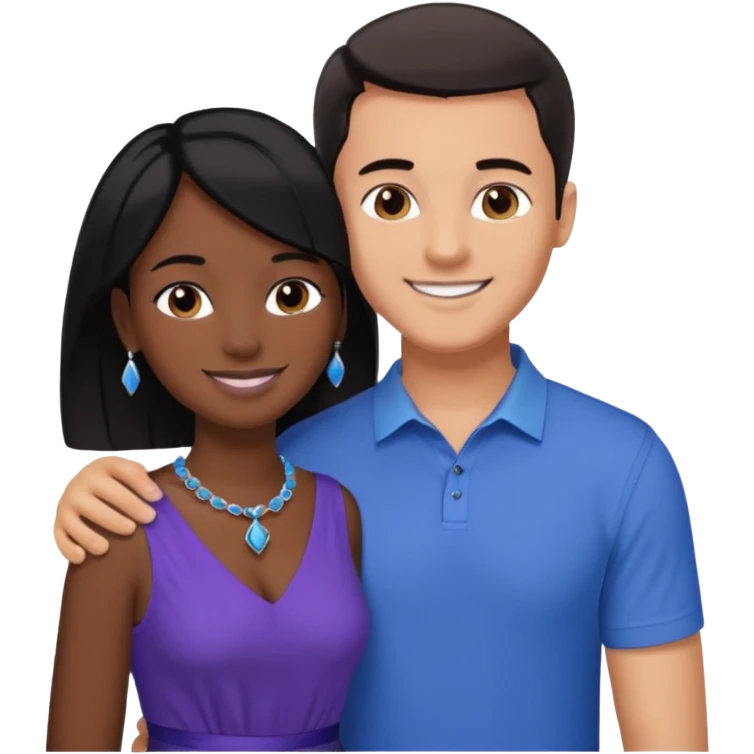 smiling embracing interracial couple. man is tan and has short brown straight hair he is wearing blue. woman has very dark black skin and long dark black hair. she is wearing purple and has matching blue jewelry on emoji