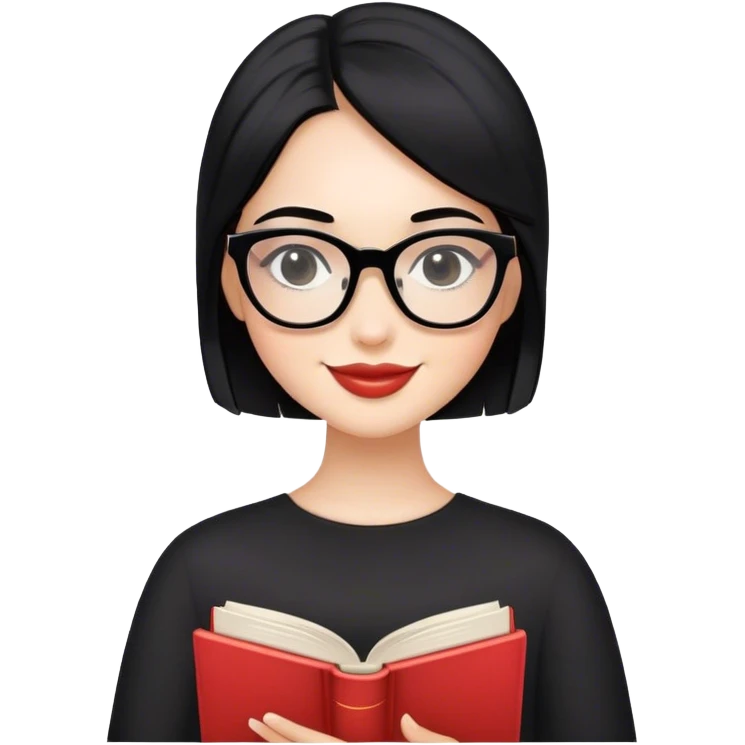 A girl with black hair and black glasses, elegant style, she smile and have a book in hands with the title: SelfLove emoji