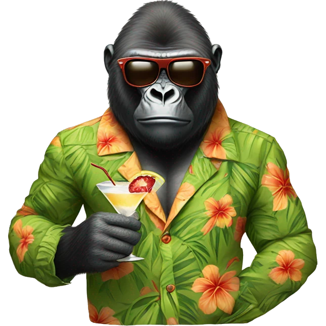 a gorilla wearing sunglasses and a hawaiian shirt, holding a martini emoji