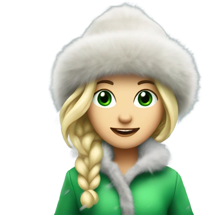 blonde girl with green eyes in a fur hat dancing in the snow full body emoji
