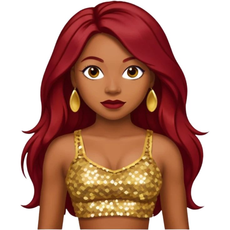 LaTavia Robeson with long dark red hair, gold sequin crop top  emoji