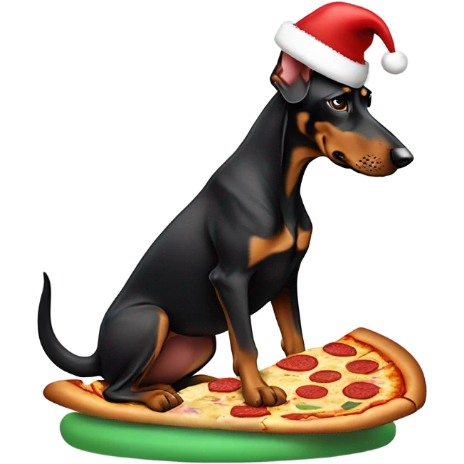 Doberman with Santa hat eating pizza emoji