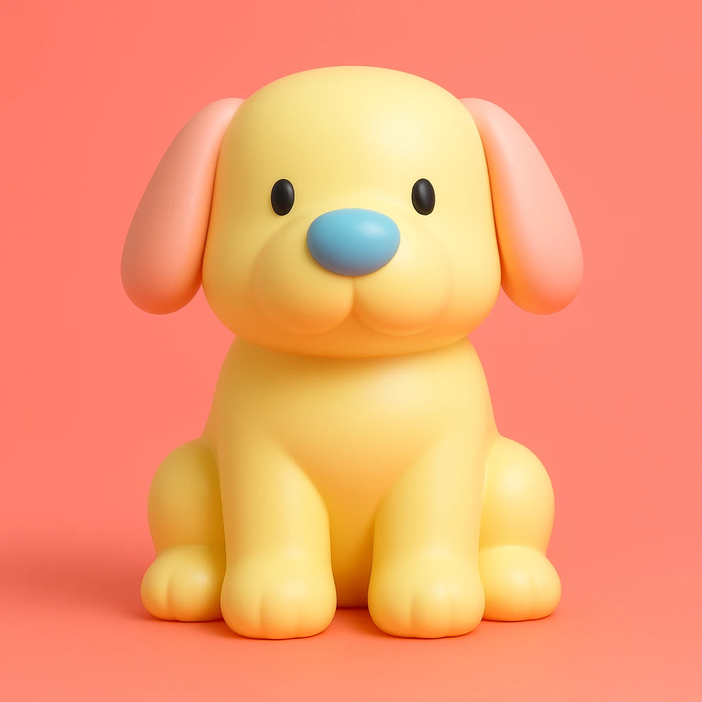               Transform {subject} into a soft vinyl figure with a smooth, glossy surface. The material should look slightly rubbery and tactile, with minimalistic curves and a matte-gloss hybrid finish. Use pastel or soft solid colors. The surface is seamless, with no visible textures or roughness. Studio lighting, vibrant background, clean, playful, designer toy aesthetic. {subject} = dog emoji