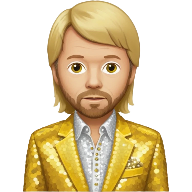 Björn Ulvaeus from ABBA with long dark blonde hair, yellow sequin shirt, white sequin suit jacket emoji