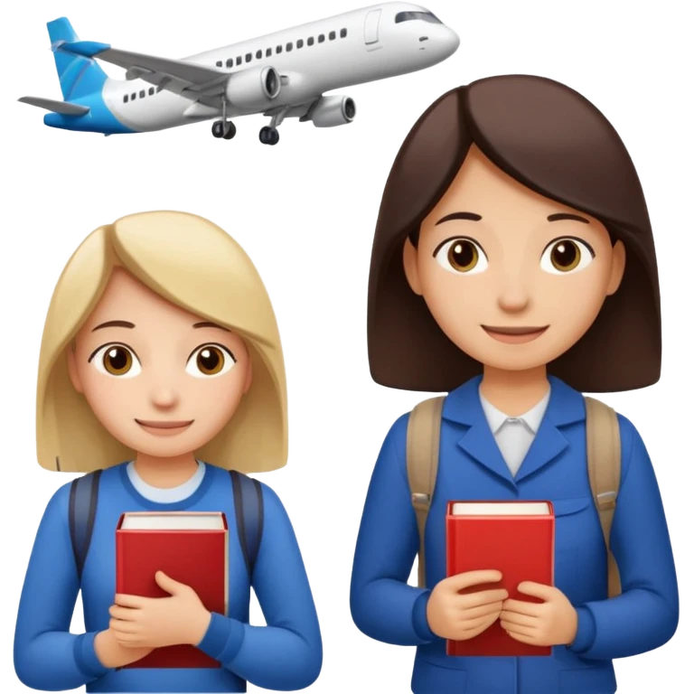Create two emoji characters.

Left: a stressed, sad student preparing for IELTS, holding books and coffee, tired face, exam stress.

Right: a happy confident student after IELTS, traveling abroad, airplane, university, freedom, smiling.

Style: emoji, clean, simple, white background. emoji
