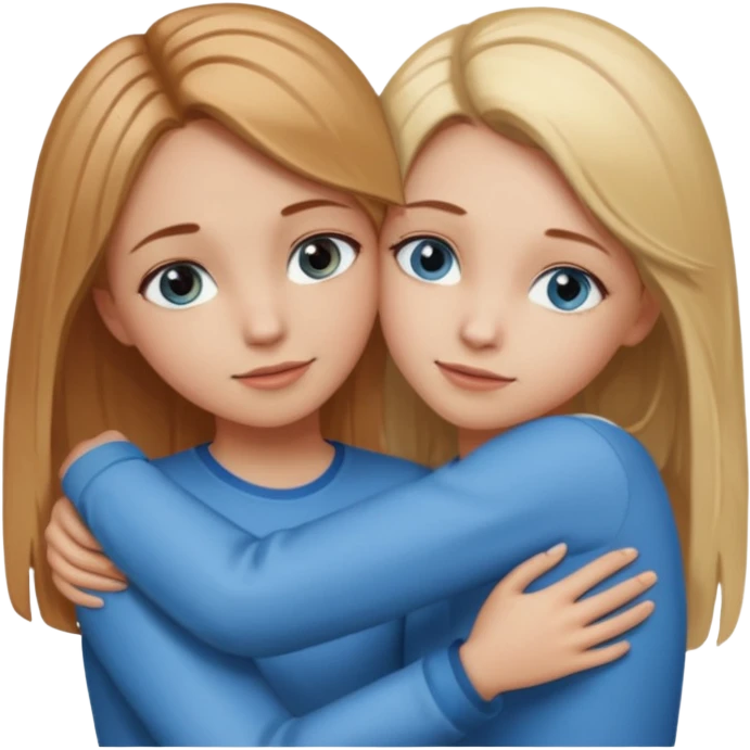 Two girls are hugging. One has dirty blonde hair with a little reddish in it. She has also grey eyes. Her hair is long and straight. The other girl is blonde and has really bright blue eyes emoji