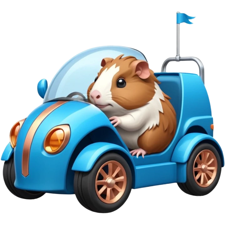 dark crystal blue and rosegold-accented cyber truck style-faceted-body electric racing car driven by a small cute but relaxed Guinea pig with rear spoiler, roll bar, and wheely bar emoji