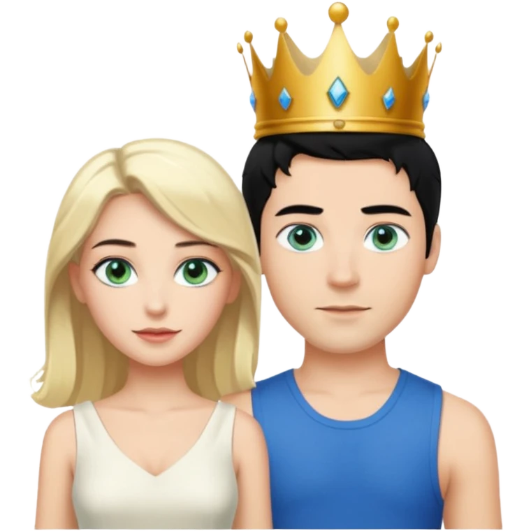 Prince with crown, black hair, body, legst, blue eyes, woman blonde hair, green eyes, sexy white short sleveless dress,  emoji