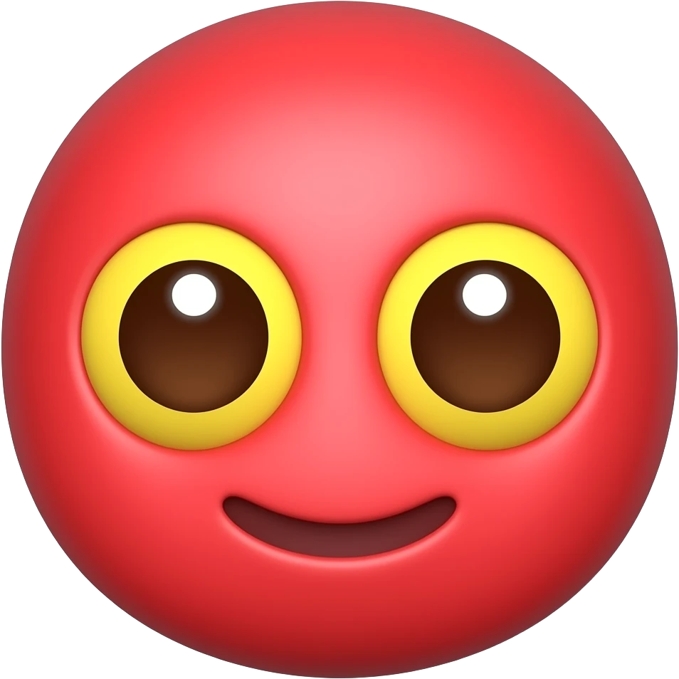 새빨간 얼굴의 홍조를 하고 있는. 노란 눈알  갈색 동공.   귀여운 만화 입체적 이모티콘 emoji