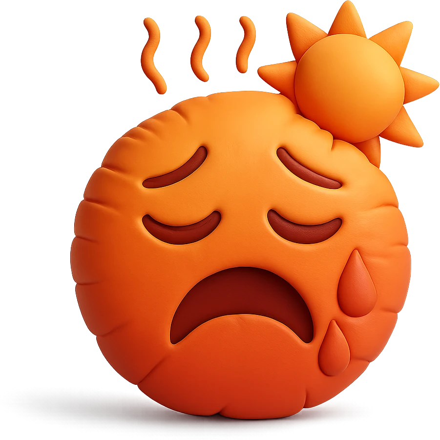hot emoji with sun and heat waves, red and orange tones, soft plush cushion style emoji