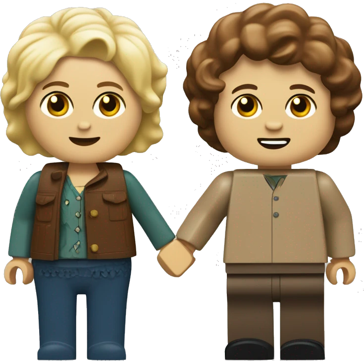 a fat blonde girl and a skinny brown-haired boy as lego people holding hands emoji