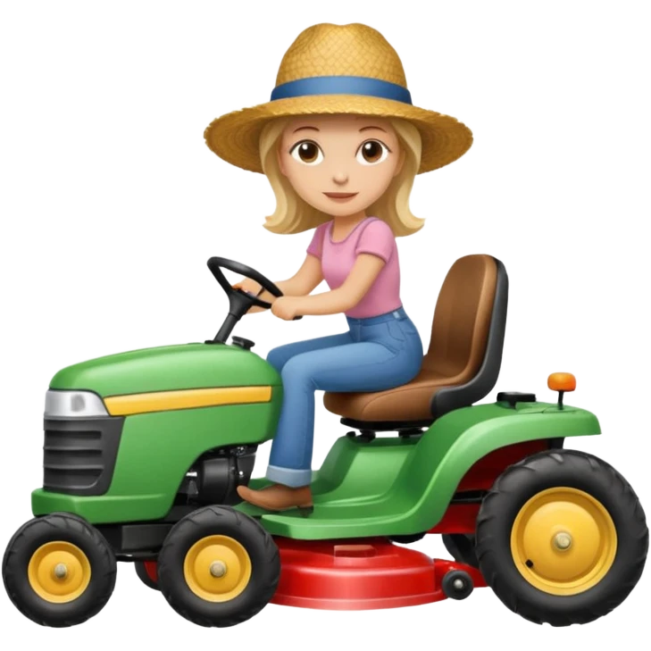 White woman without glasses wearing a straw hat, on old Westwood ride on lawn mower.  emoji