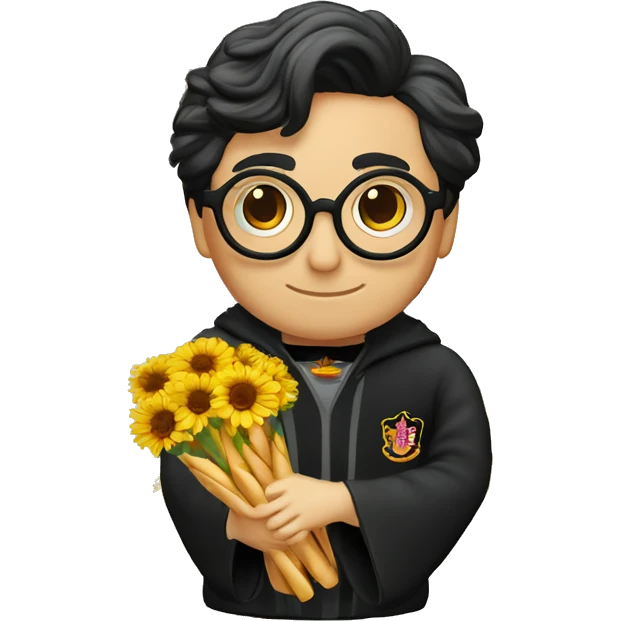 Harry potter avec les cheveux noir ondulés noir des lunettes ronde une cicatrice une baguette magique et un pot de fleur  emoji