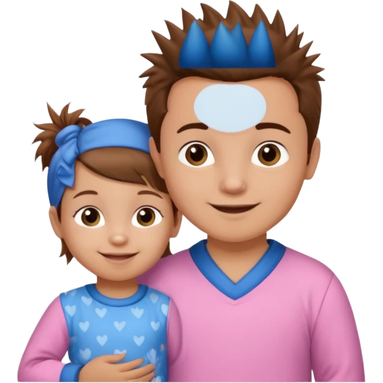 A smaller toddler girl with brown hair with her hair up, wearing pink pajamas and a bigger 4 year old boy with spikey brown hair, wearing blue pajamas. Both light skin and smiling.  emoji