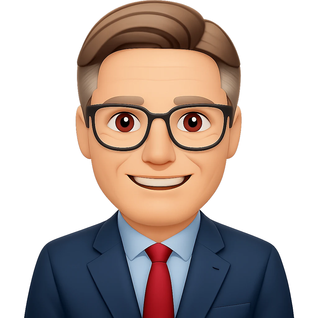 Add glasses to Keir Starmer smiling standing emoji, keep the background transparent. Maintain the original style and transparent background. emoji