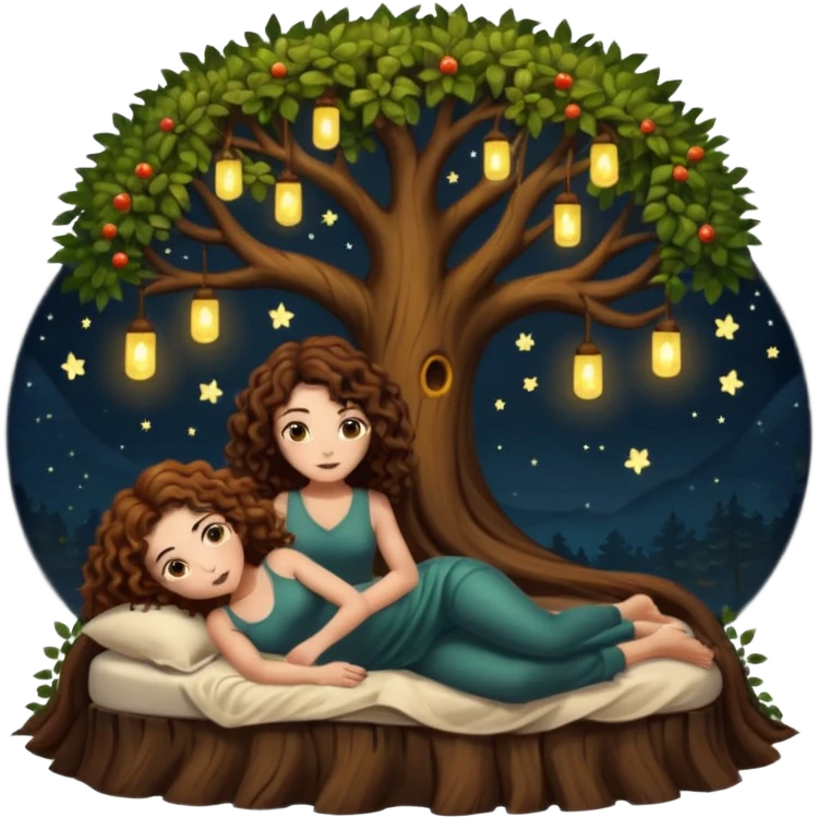 hollow tree bed — long wavy brown hair tattooed woman and short tight curly brown hair woman — firefly night lights emoji