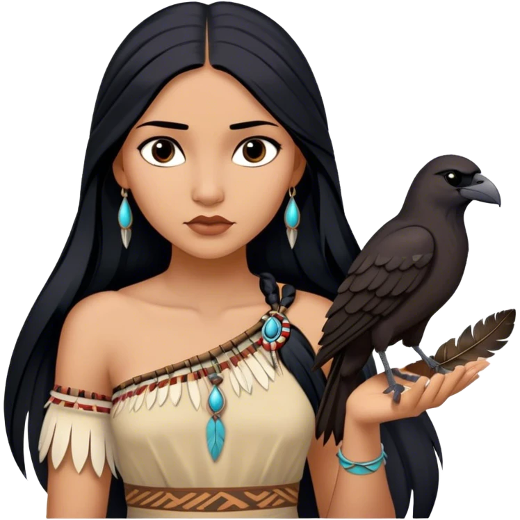 Cinematic Realistic Pocahontas Portrait, depicted with lifelike skin texture, soft natural lighting, and intricately detailed long, flowing raven-black hair that moves gracefully in the wind. Her deep, soulful dark brown eyes exude wisdom and strength, complemented by a serene yet powerful expression. She is shown gently holding a feather in one hand, her other hand resting lightly at her side, embodying the harmonious balance between nature and herself. She is dressed in her classic one-shoulder native American dress, with rich fabric textures and delicate beaded details that catch the light beautifully. The portrait features a soft, sun-kissed glow with a natural, radiant finish, capturing the essence of untamed beauty and deep connection to nature in a realistic and painterly style, evoking a sense of depth and authenticity. emoji