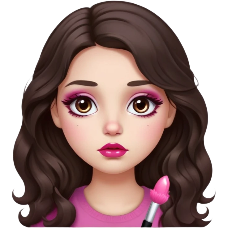 girl with light wheatish skin, dark brown long wavy hair, pouty shiny lips with berry lip gloss, large eyes with eyelashes, pink blush on cheeks, inner eye highlighted with white eyeliner, button nose emoji