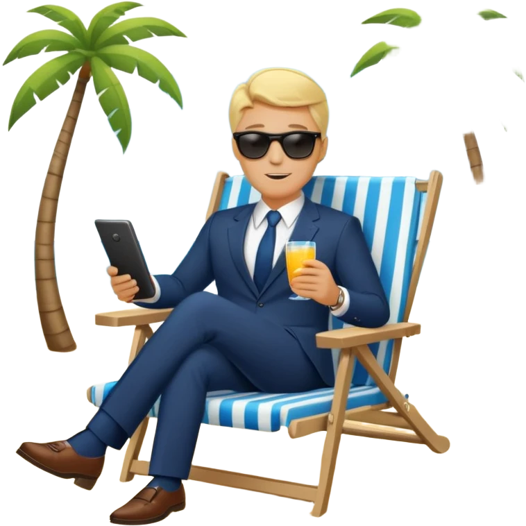 blonde businessman in suit sitting in beach chair on vacation, tropical beach emoji