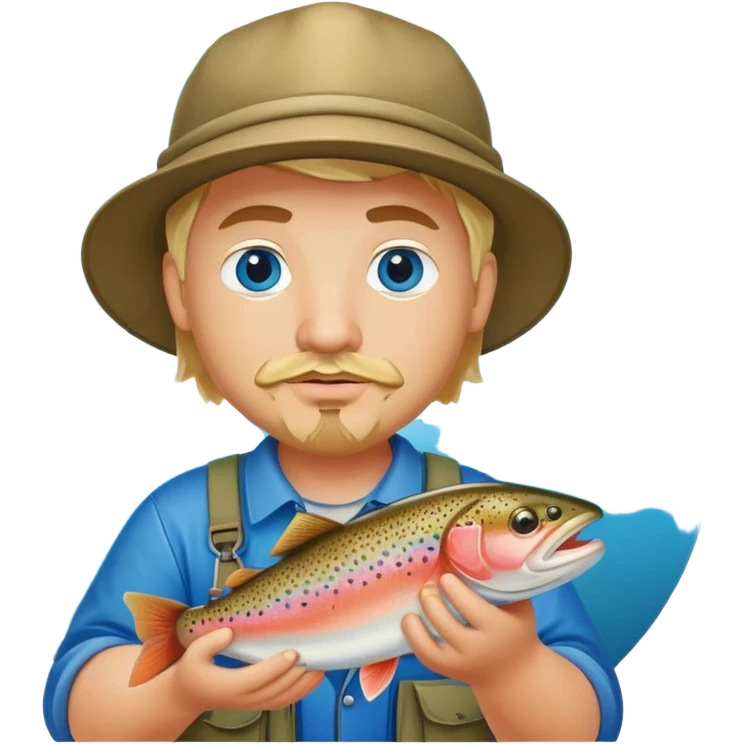 Pêcheur blond avec bouc  grassouillet yeux bleus et présentant truite emoji