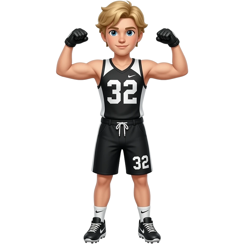 White skin teenager boy with blonde medium hair black and white tank top number 32 black shorts number 32 Nike cleats flexing with the footbal black gloves emoji