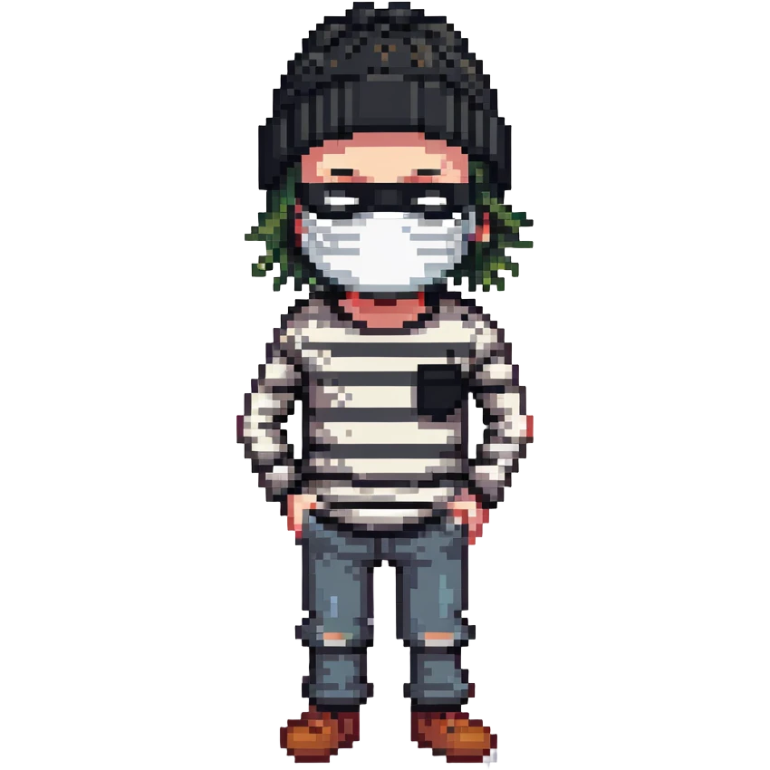 character with black and white striped shirt, black beanie, black mask over eyes emoji