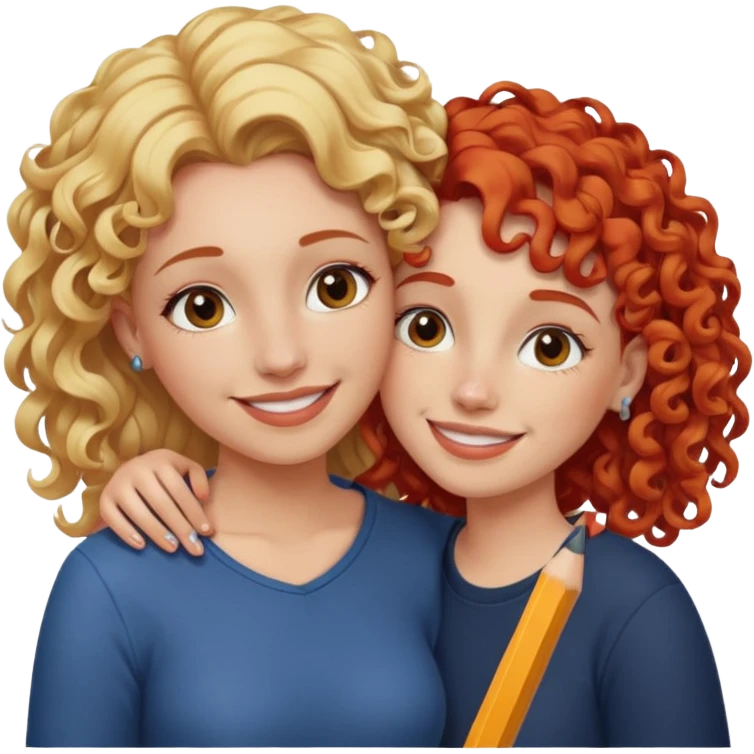 A woman with pencil straight, blonde hair and a nose piercing and a woman with curly red hair and a nose piercing are hugging and smiling together. emoji