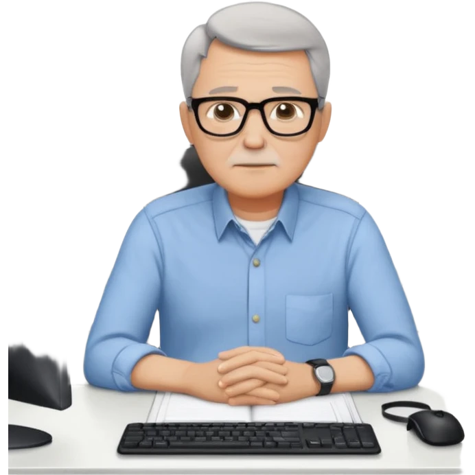 un uomo di circa 60 anni, capelli corti e brizzolati, occhiali con montatura nera, seduto ad una scrivania in un grande ufficio vuoto, tutto bianco, con il mobilio bianco, davanti a tre monitor ed un notebook, che lavora scrivendo software emoji