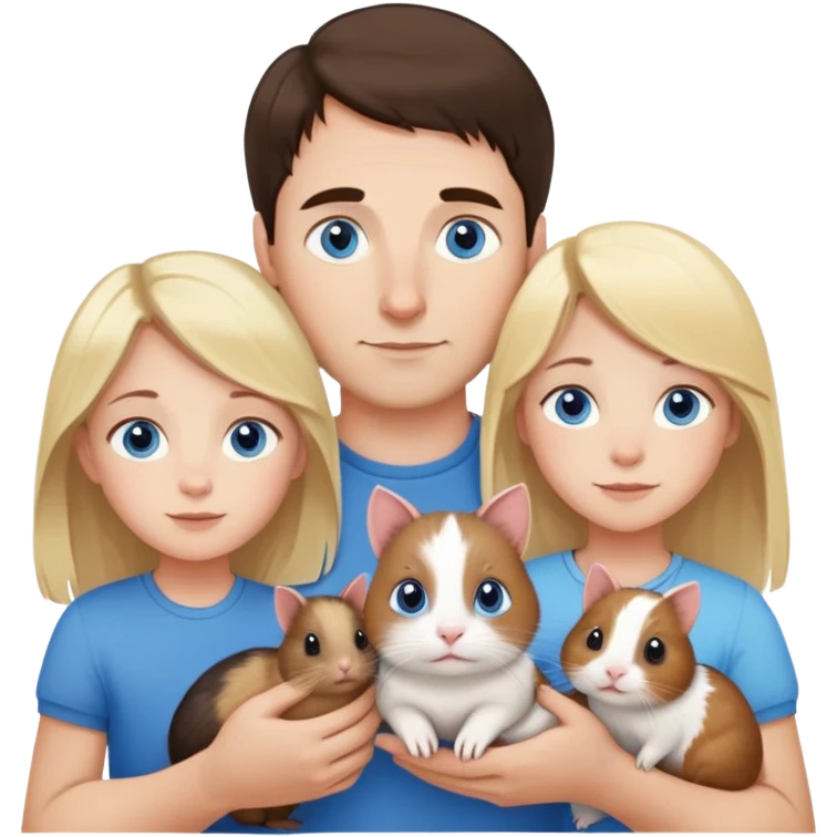 Family portrait with father with dark brown hair and blue eyes, mother with light brown hair and blue eyes, three blonde little girls with blue eyes, plus a cat and two guinea pigs emoji