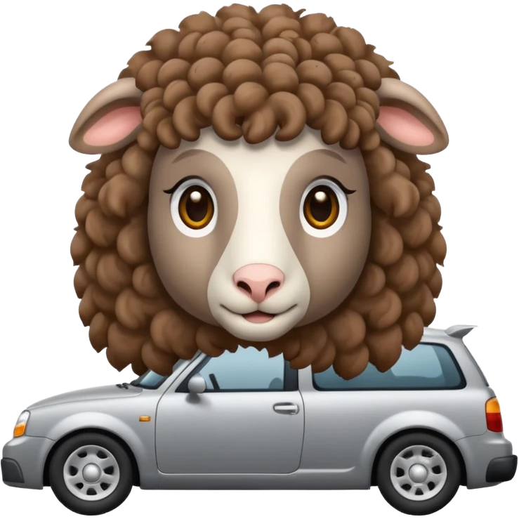 a sheep with long brown curly hair and brown eyes on a grey car emoji
