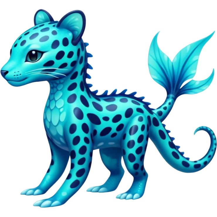 Bioluminescent Neon-Cyan Ripple-Patterned Soft-Scaled Aquatic Fantastical Liepard-Amaura-Manokit-fusion creature (full body) emoji