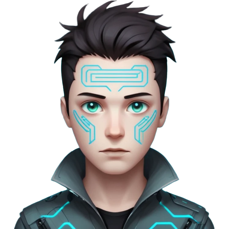 Cyberpunk male head, messy dark hair, glowing circuit patterns tracing from neck to temple, eyes reflecting shifting neon code, clean-shaven, futuristic minimalist aesthetic. emoji