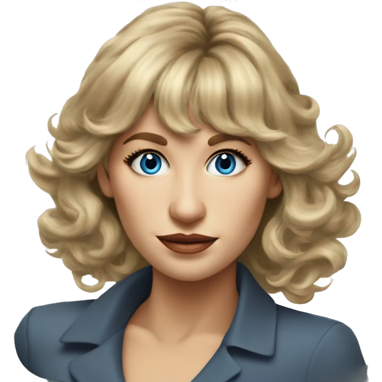 Medium length Dirty blonde poofy hair with bangs all across forehead and sides swept away from face business woman of 60 with blue eyes  emoji
