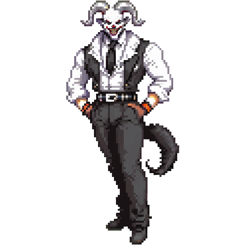 full-body muscular demonic clown in black and white leisure suit with bellbottom pants, bald, black ram horns, flashy black and white belt, ruffled white shirt, no neck tie, large fangs emoji