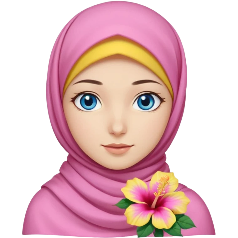 Turkish beautiful finish Konya girl blue eyes with pink yellow summer hijab islamic dress and had on her hijab hibiscus flower emoji