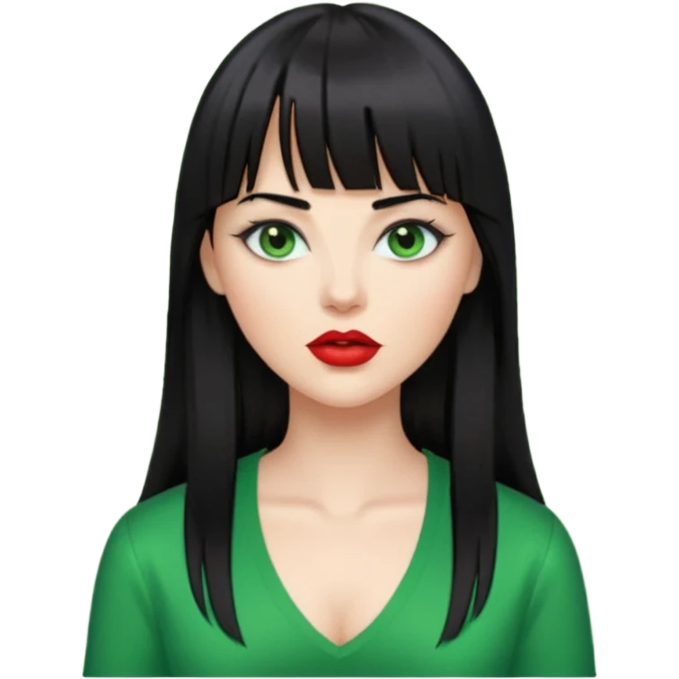 A white woman with Long straight hair with bangs, black hair, green eyes and a low-cut shirt emoji