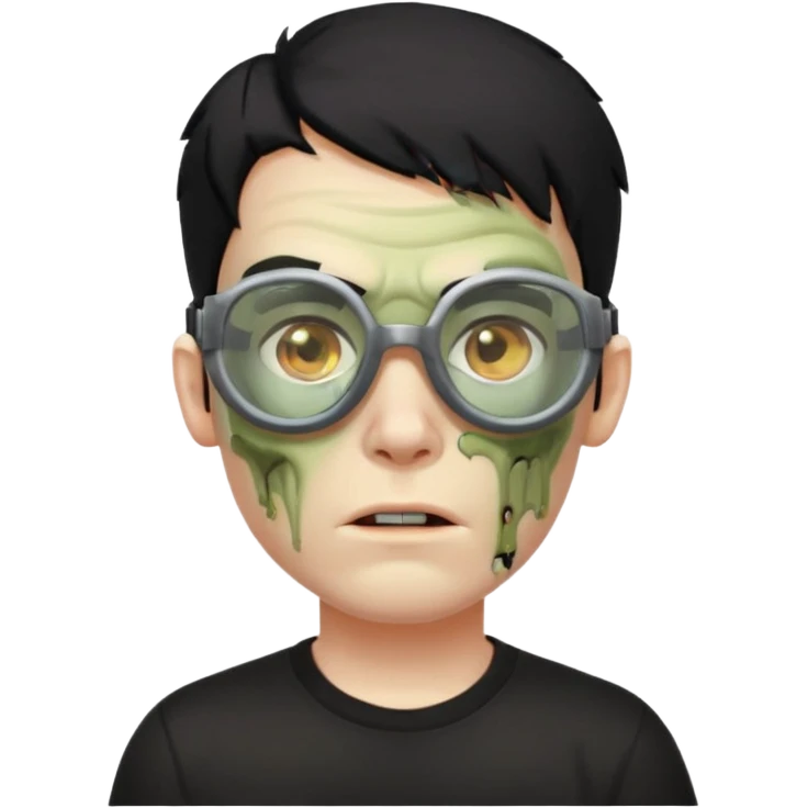 Zombie Emoji AppleIOS Style, lowfade Black Hair, Skin Goggles on right slide of The Head, and Black T-shirt emoji