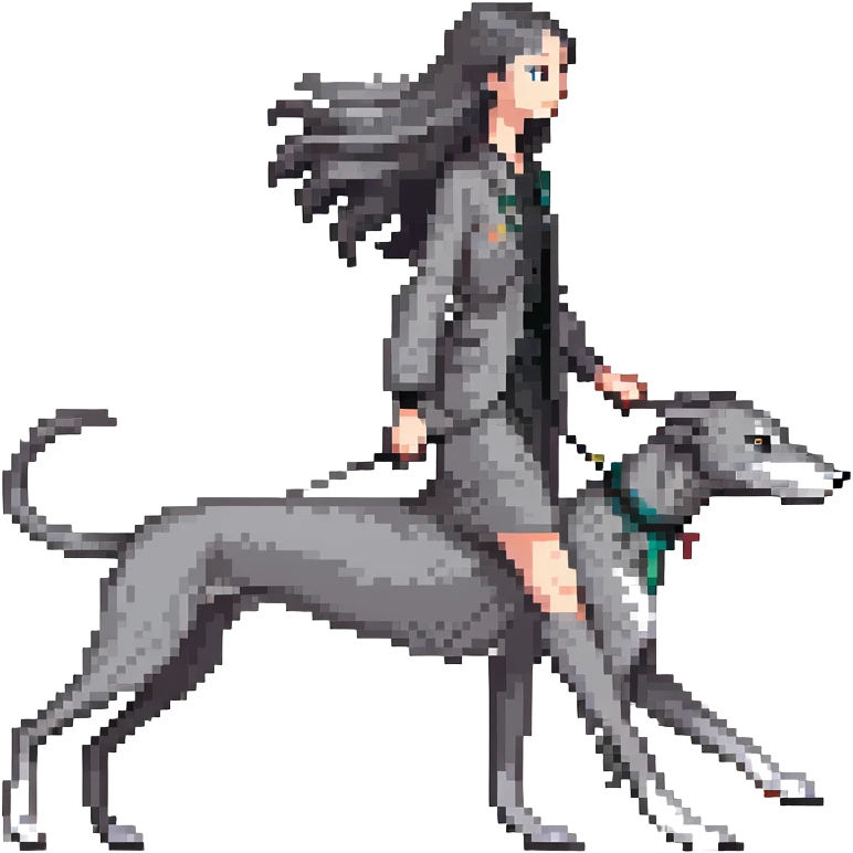 Japanese girl with flowing hair walking a solid grey greyhound with no white markings emoji