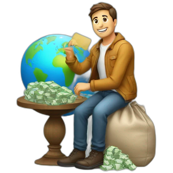 man sitting on globe with money bag emoji