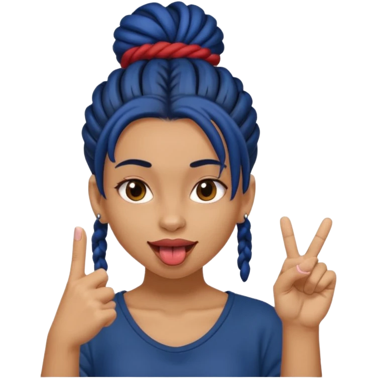 light brown girl with dark blue dreads in a bun with tongue out giving middle finger emoji