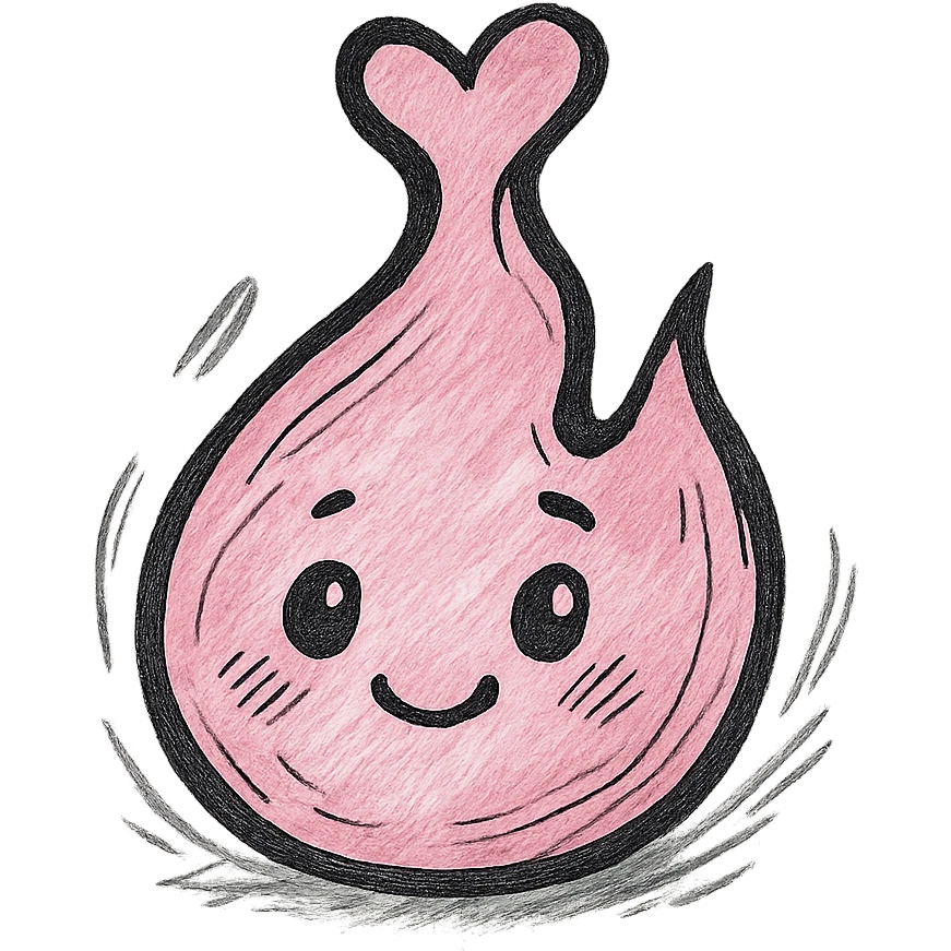 sweet cartoonish pink flame with heart-shaped tip, bold outlines, cute facial features, hand-drawn style with expressive shadows and highlights emoji